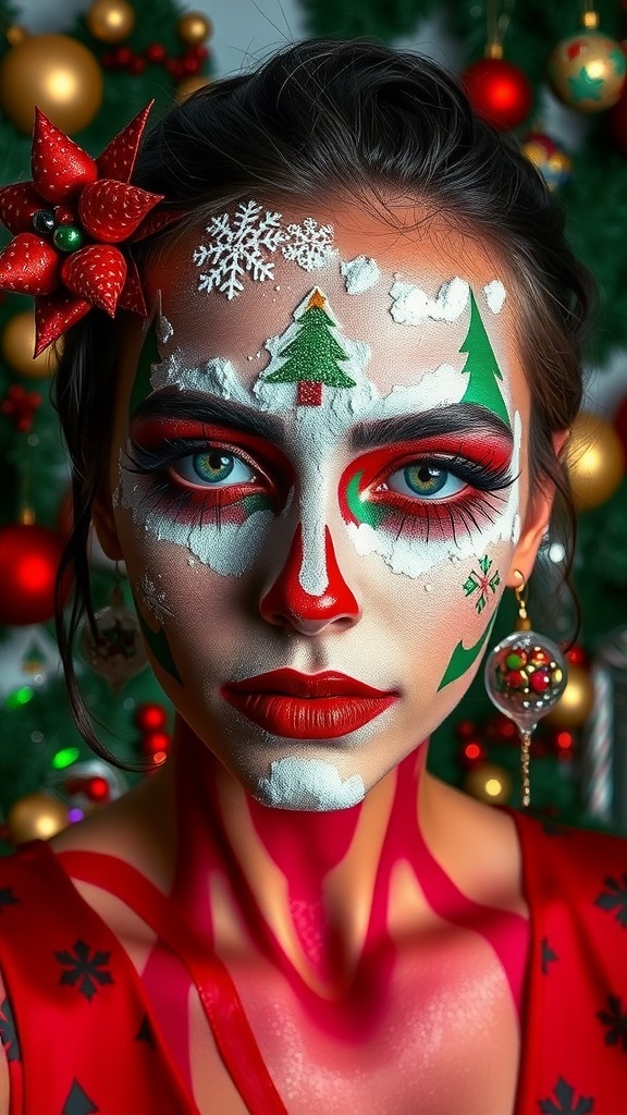 A creative Christmas-themed Halloween makeup look with snowflakes and festive colors.
